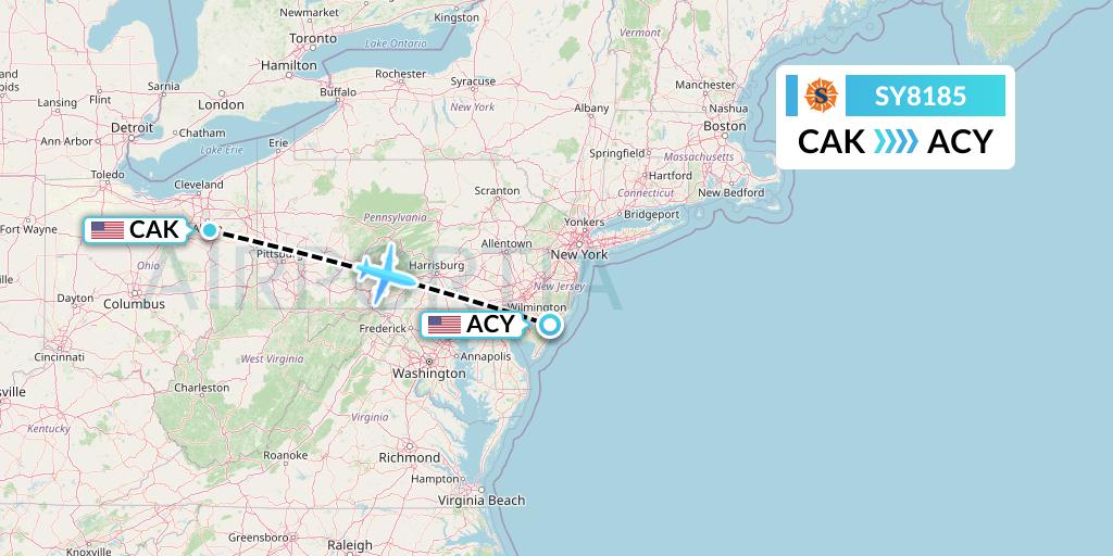 SY8185 Sun Country Airlines Flight Map: Akron to Atlantic City