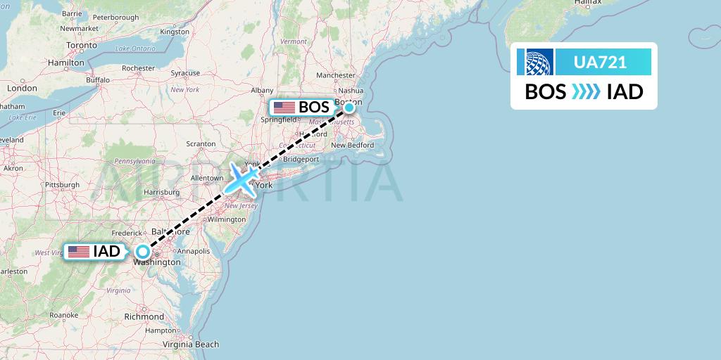 UA721 United Airlines Flight Map: Boston to Washington