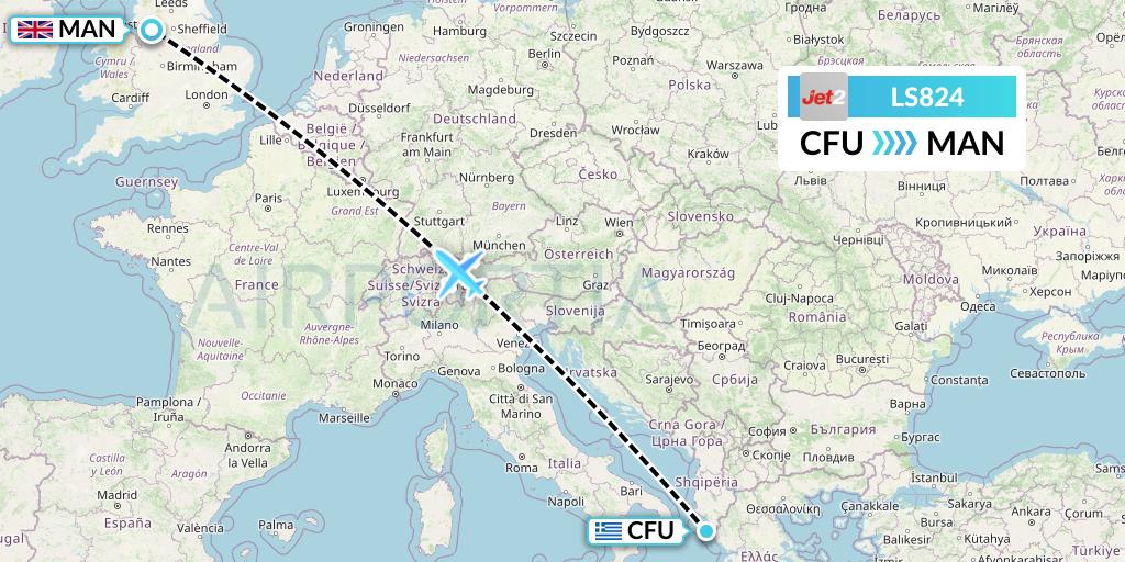 LS824 Jet2 Flight Map: Corfu to Manchester