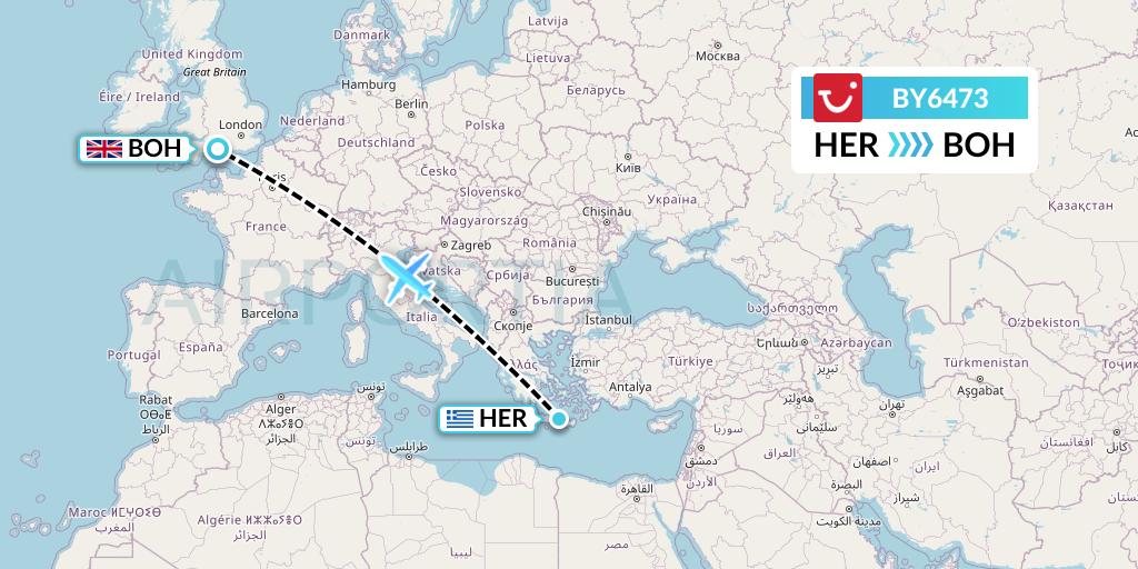 BY6473 TUI Airways Flight Map: Heraklion to Bournemouth