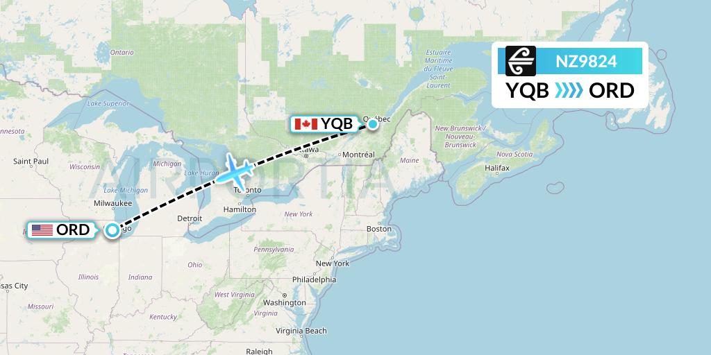 NZ9824 Air New Zealand Flight Map: Quebec to Chicago