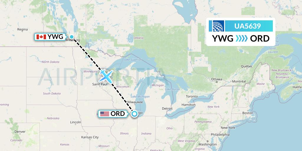 UA5639 United Airlines Flight Map: Winnipeg to Chicago