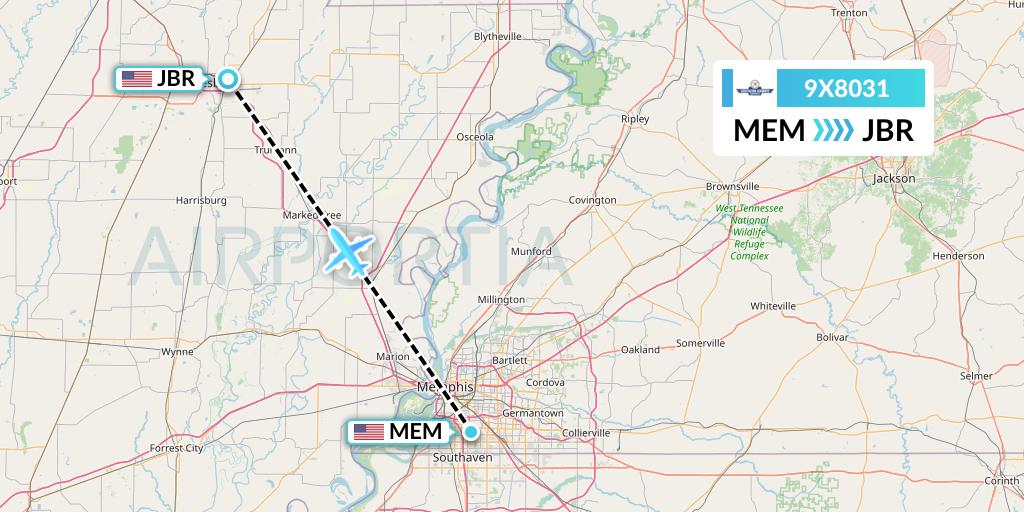 9X8031 Southern Airways Express Flight Map: Memphis to Jonesboro