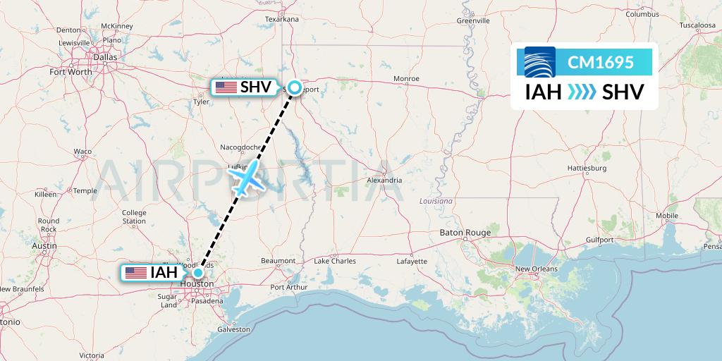 CM1695 Copa Airlines Flight Map: Houston to Shreveport