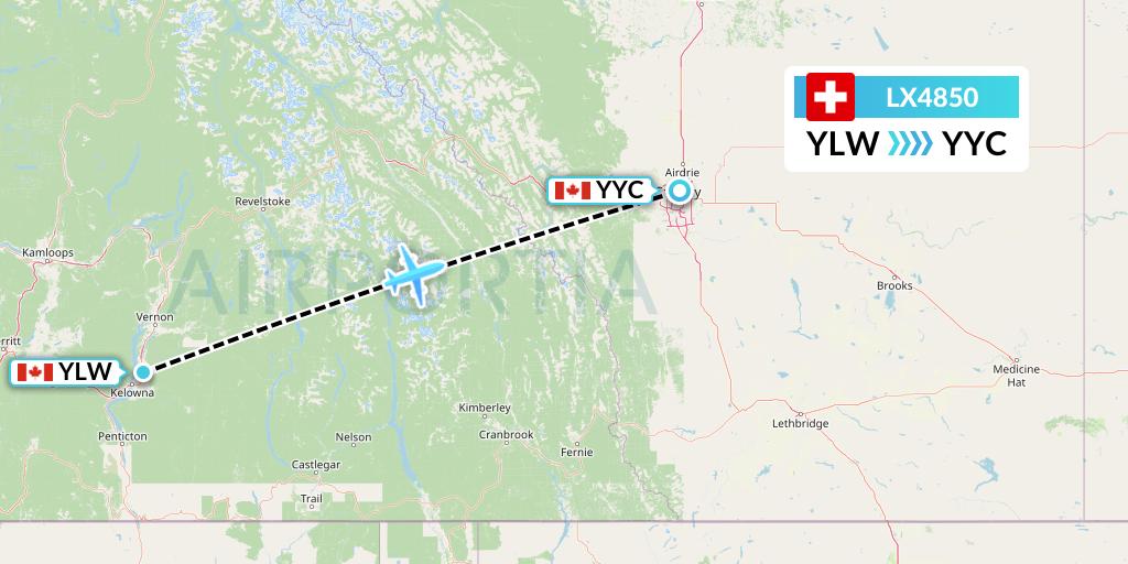 LX4850 Swiss Flight Map: Kelowna to Calgary