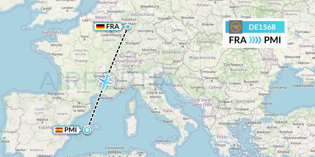 DE1568 Condor Flight Map: Frankfurt to Palma de Mallorca