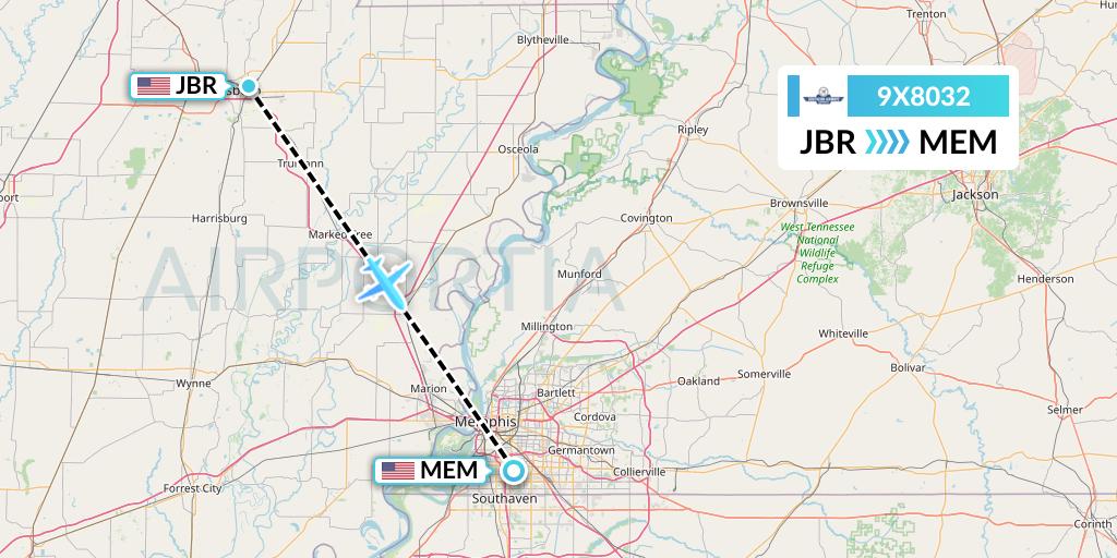 9X8032 Southern Airways Express Flight Map: Jonesboro to Memphis