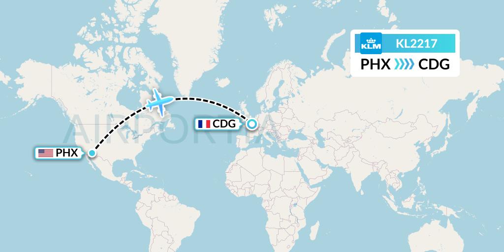 KL2217 KLM Flight Map: Phoenix to Paris