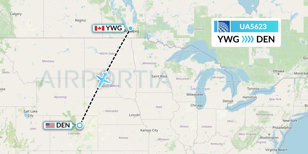 UA5623 United Airlines Flight Map: Winnipeg to Denver