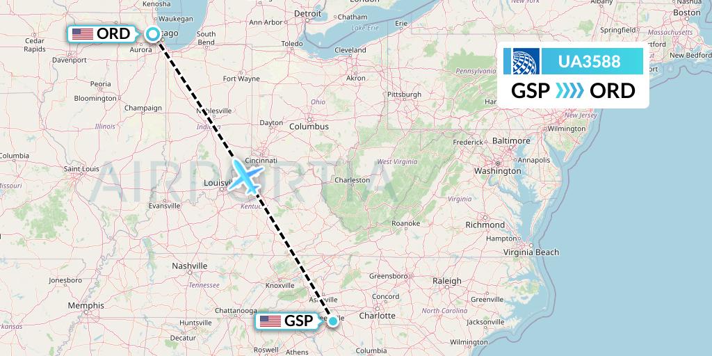 UA3588 United Airlines Flight Map: Greenville-Spartanburg to Chicago