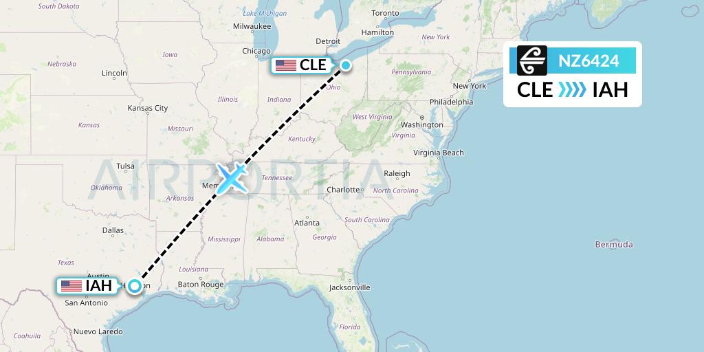 NZ6424 Air New Zealand Flight Map: Cleveland to Houston