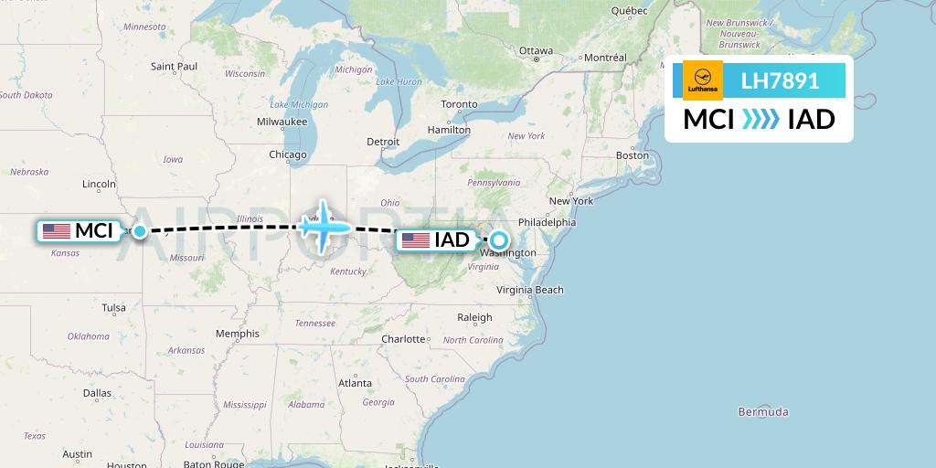 LH7891 Lufthansa Flight Map: Kansas City to Washington