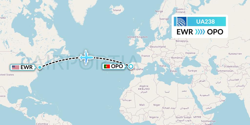 UA238 United Airlines Flight Map: New York to Porto