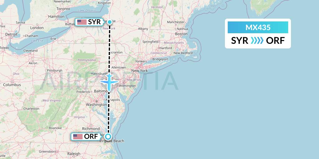 MX435 Breeze Airways Flight Map: Syracuse to Norfolk