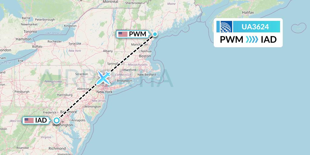UA3624 United Airlines Flight Map: Portland to Washington