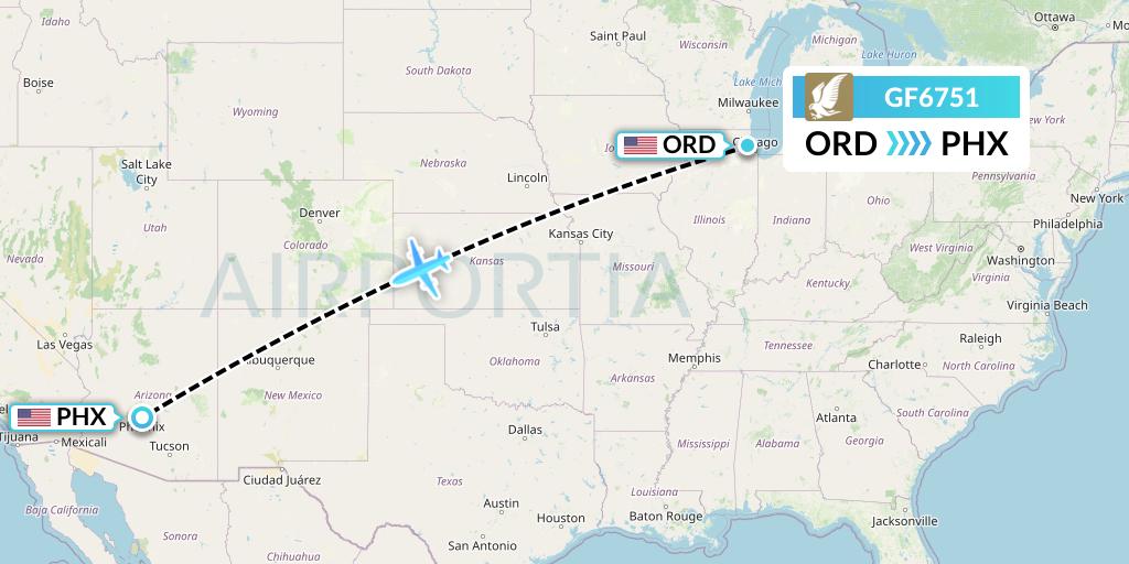 GF6751 Gulf Air Flight Map: Chicago to Phoenix