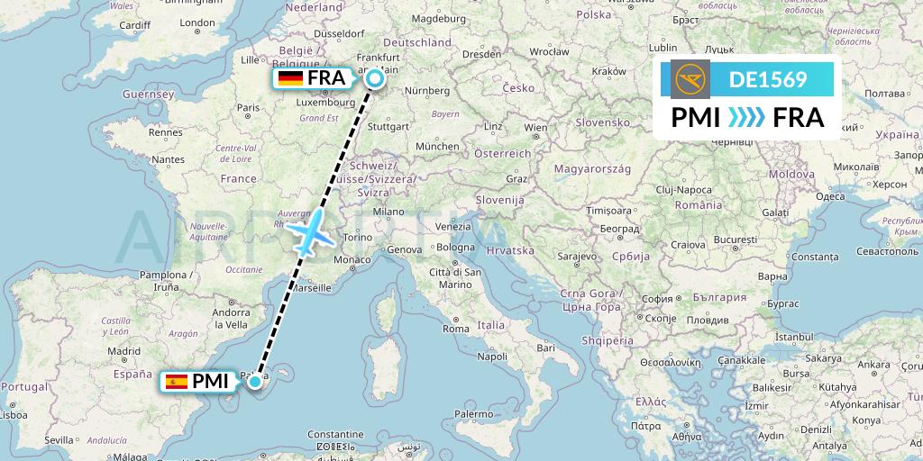 DE1569 Condor Flight Map: Palma de Mallorca to Frankfurt