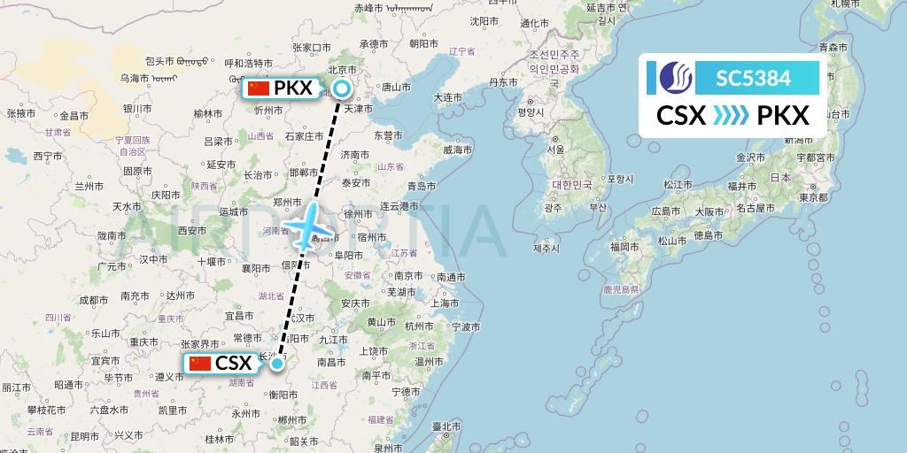 SC5384 Shandong Airlines Flight Map: Changsha to Beijing