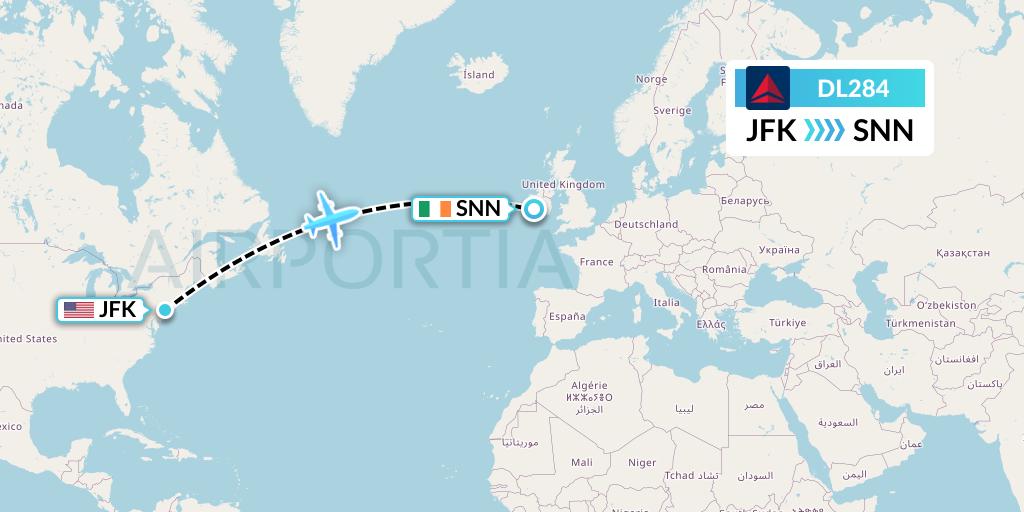 DL284 Delta Air Lines Flight Map: New York to Shannon