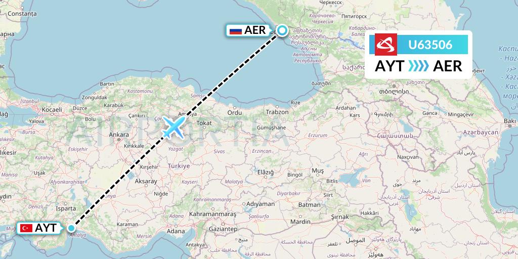 U63506 Ural Airlines Flight Map: Antalya to Sochi