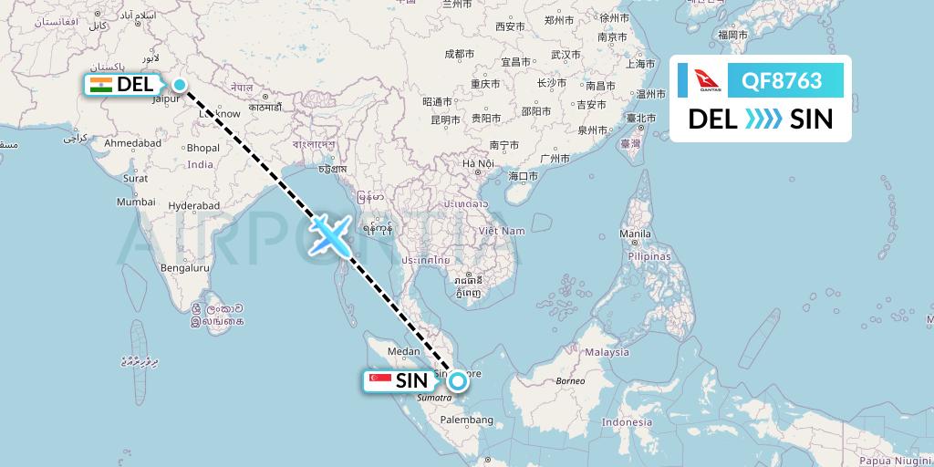 QF8763 Qantas Flight Map: Delhi to Singapore