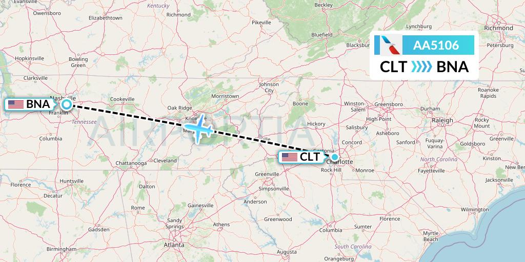 AA5106 American Airlines Flight Map: Charlotte to Nashville