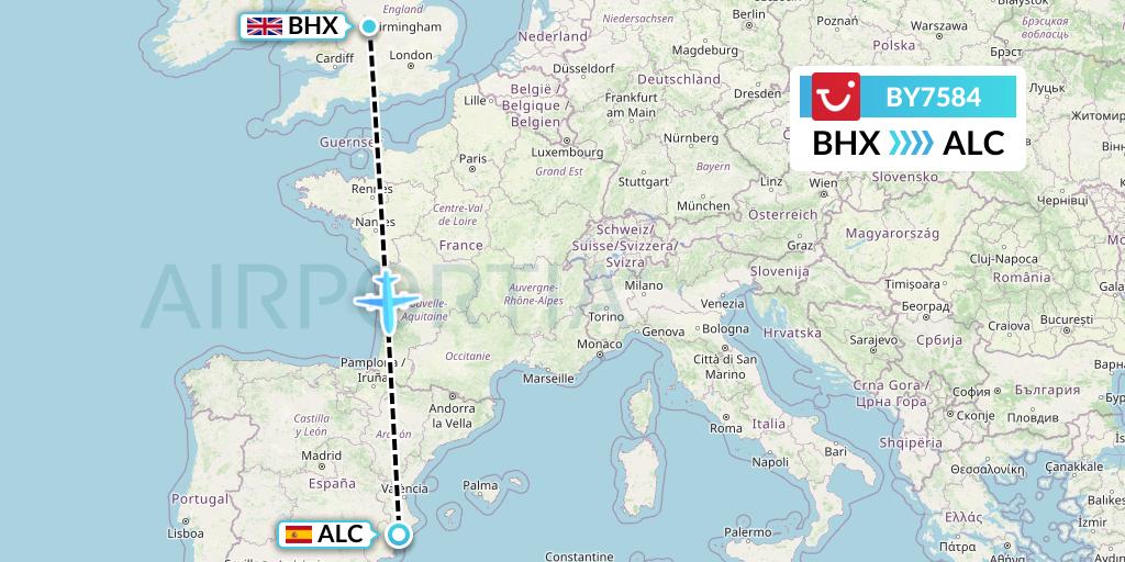 BY7584 TUI Airways Flight Map: Birmingham to Alicante