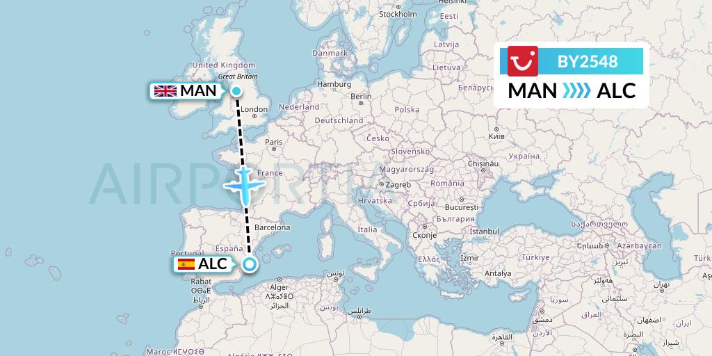 BY2548 TUI Airways Flight Map: Manchester to Alicante