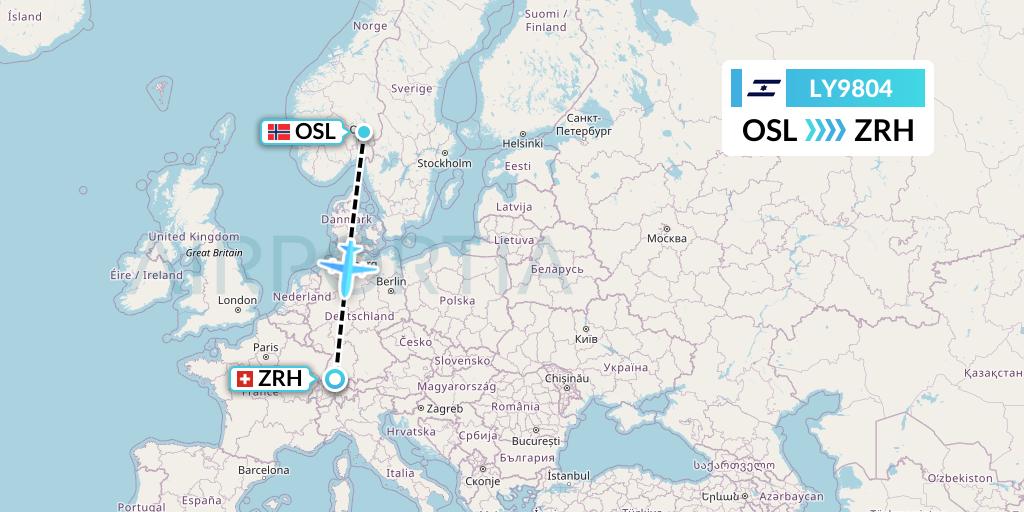 LY9804 El Al Flight Map: Oslo to Zurich