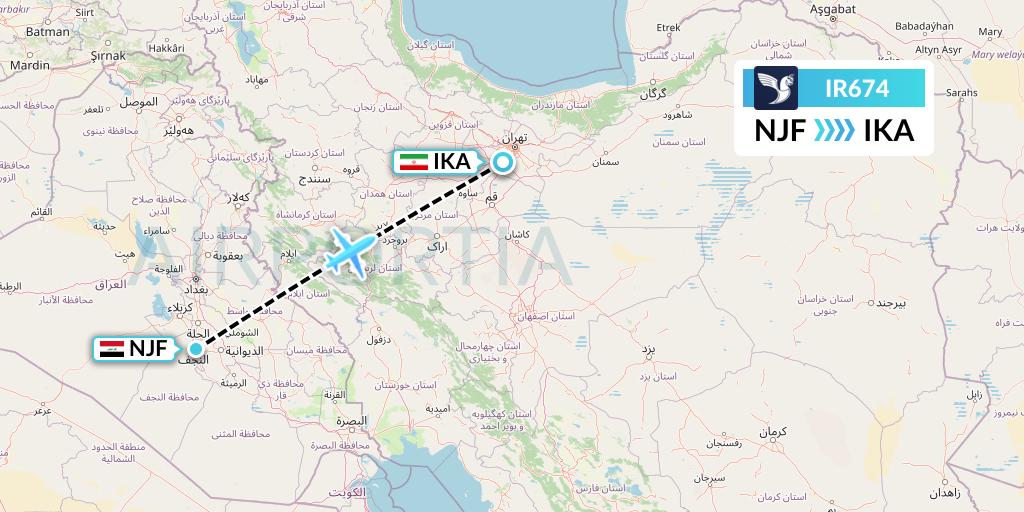 IR674 Iran Air Flight Map: Najaf to Tehran