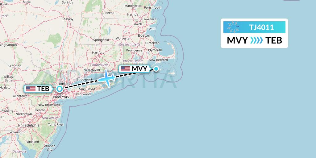 TJ4011 Tradewind Aviation Flight Map: Martha's Vineyard to Teterboro