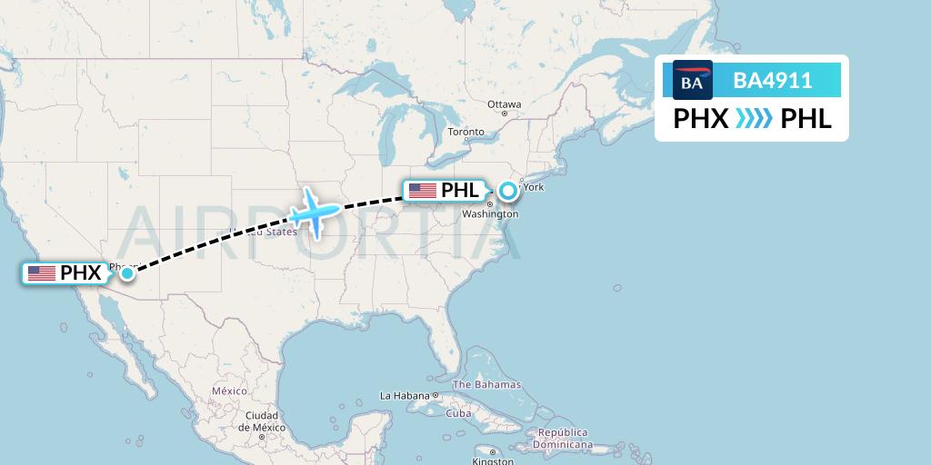 BA4911 British Airways Flight Map: Phoenix to Philadelphia