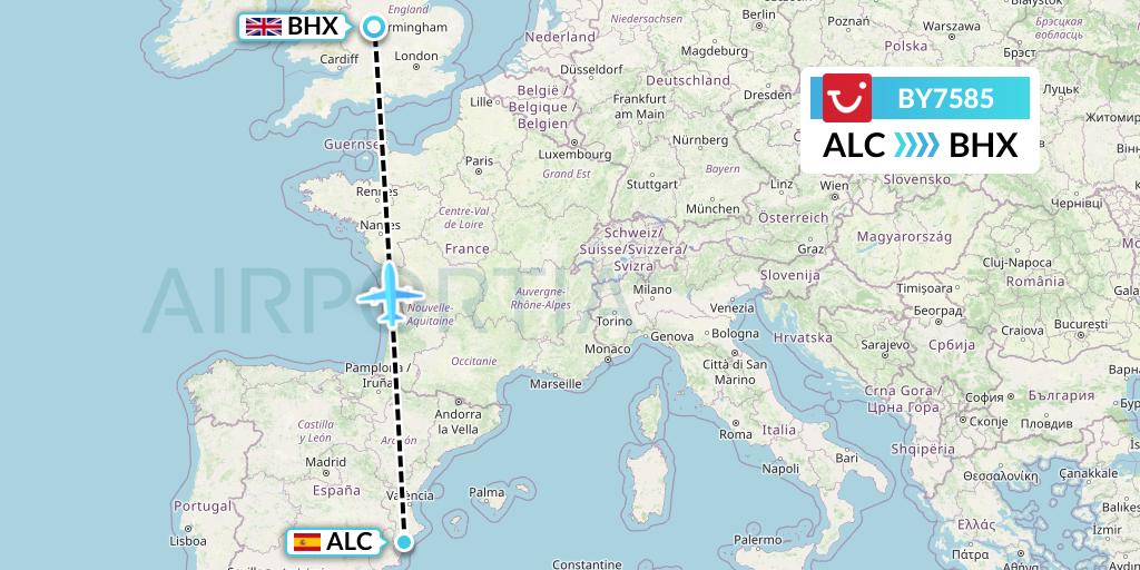 BY7585 TUI Airways Flight Map: Alicante to Birmingham