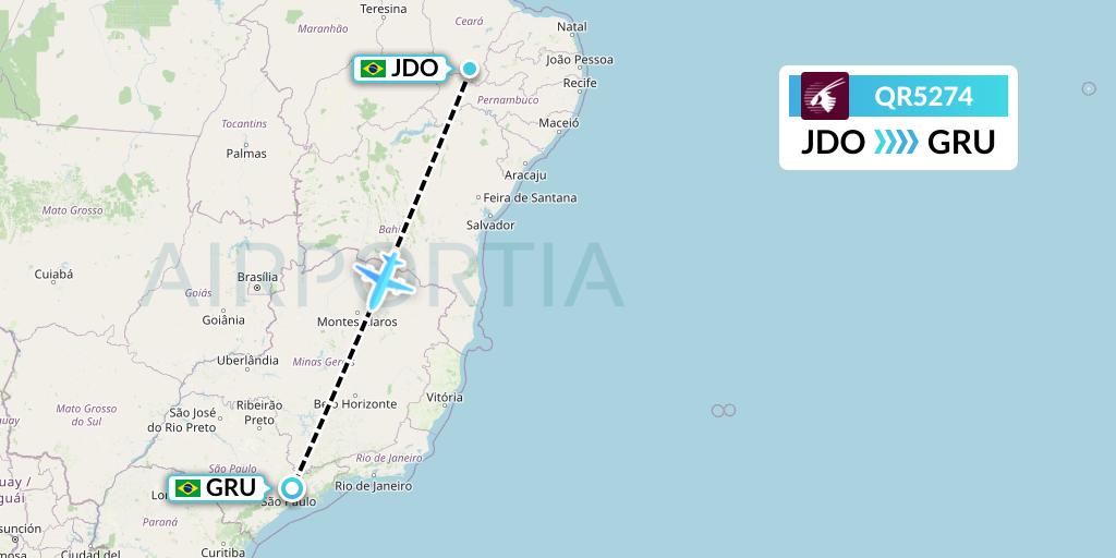 QR5274 Qatar Airways Flight Map: Juazeiro Do Norte to Sao Paulo