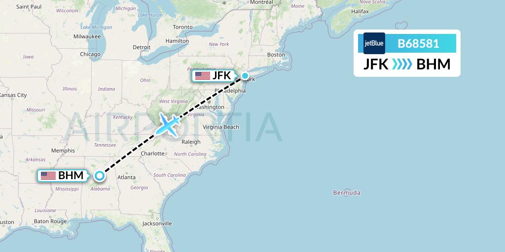 B68581 JetBlue Airways Flight Map: New York to Birmingham