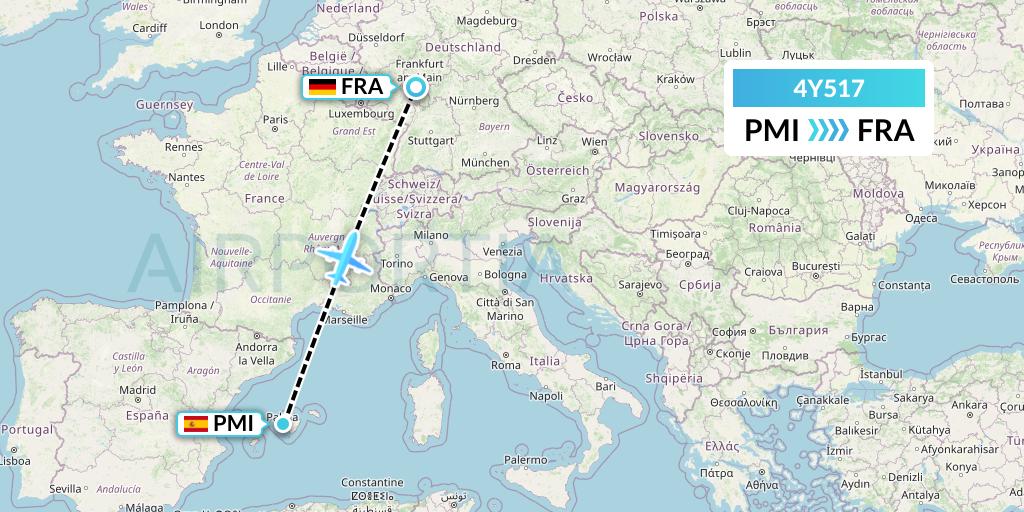 4Y517 Eurowings Discover Flight Map: Palma de Mallorca to Frankfurt