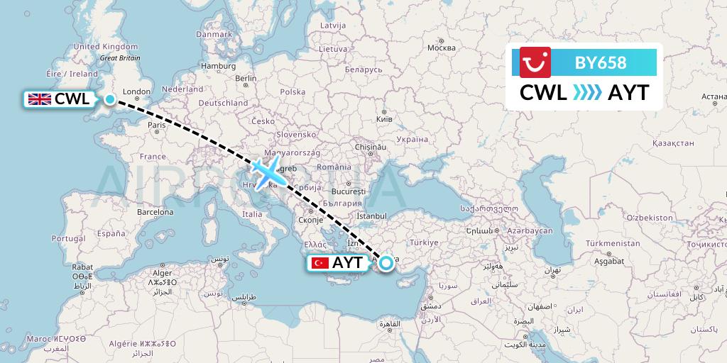 BY658 TUI Airways Flight Map: Cardiff to Antalya