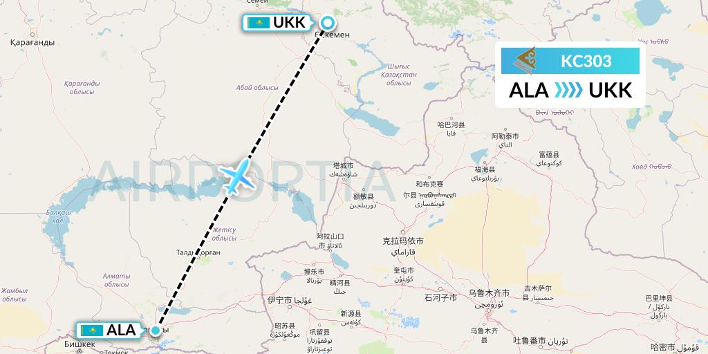 KC303 Air Astana Flight Map: Almaty to Oskemen