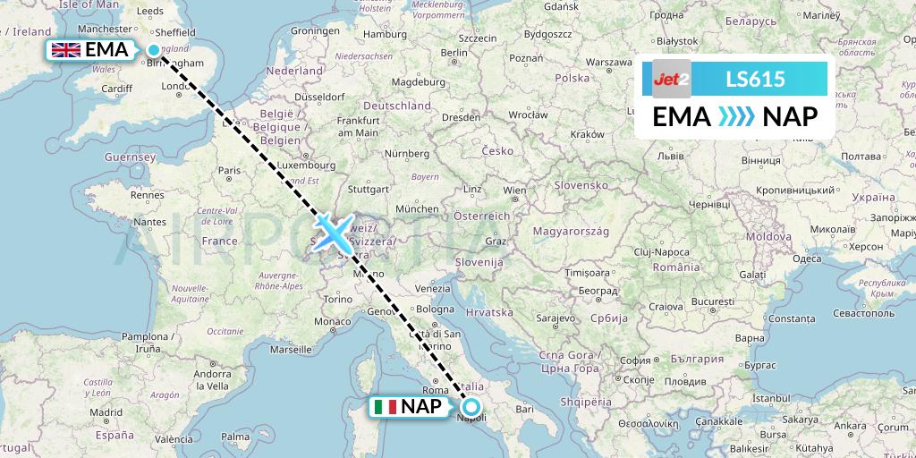 LS615 Jet2 Flight Map: East Midlands to Naples