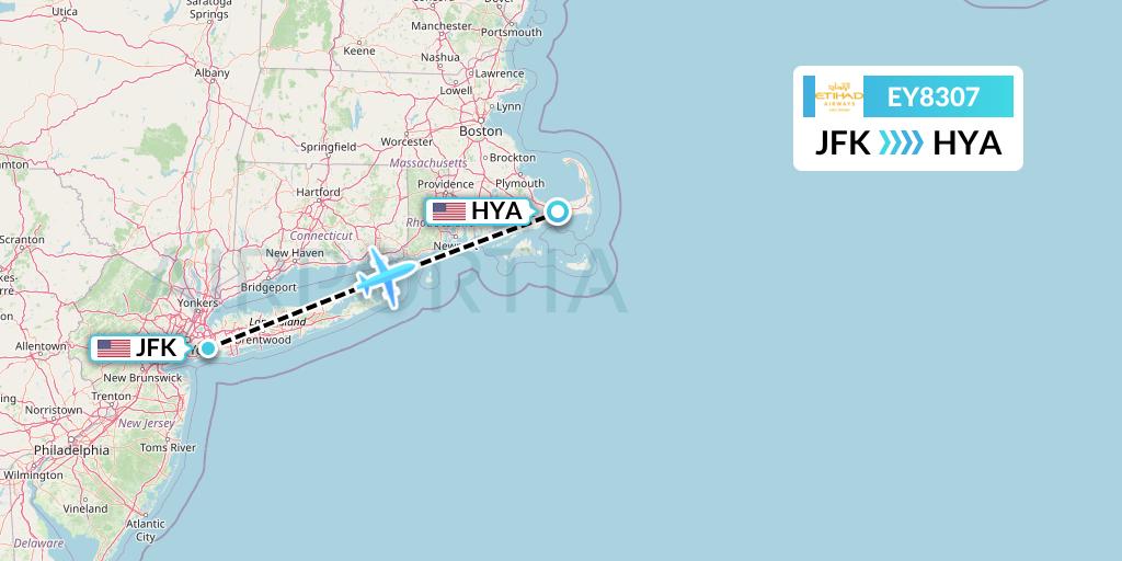 EY8307 Etihad Airways Flight Map: New York to Hyannis