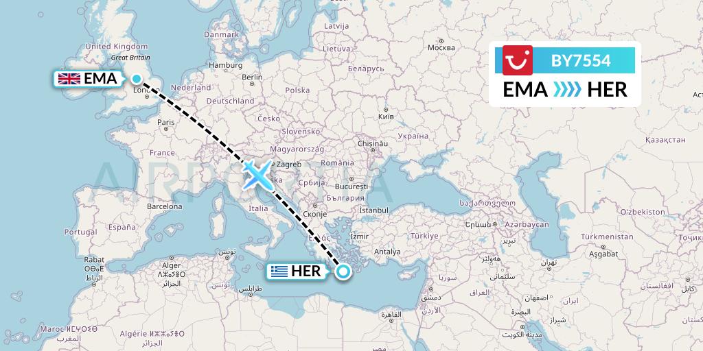 BY7554 TUI Airways Flight Map: East Midlands to Heraklion