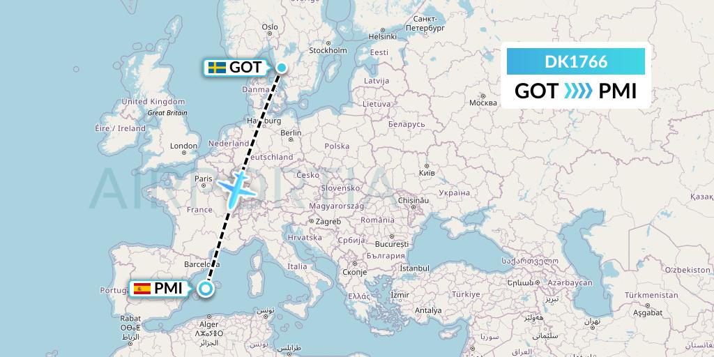DK1766 Thomas Cook Airlines Scandinavia Flight Map: Gothenburg to Palma de Mallorca