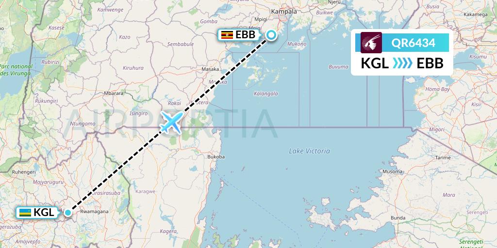 QR6434 Qatar Airways Flight Map: Kigali to Entebbe