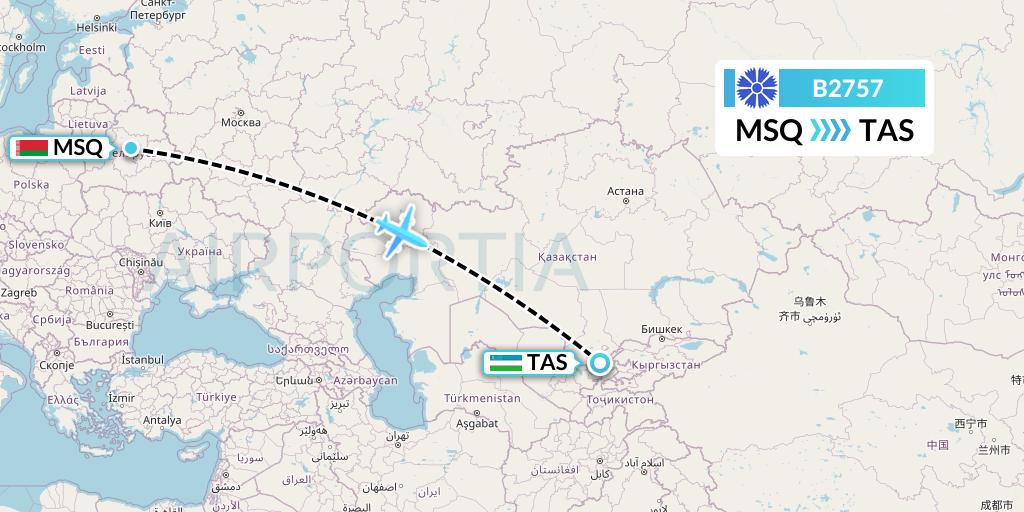 B2757 Belavia Flight Map: Minsk to Tashkent