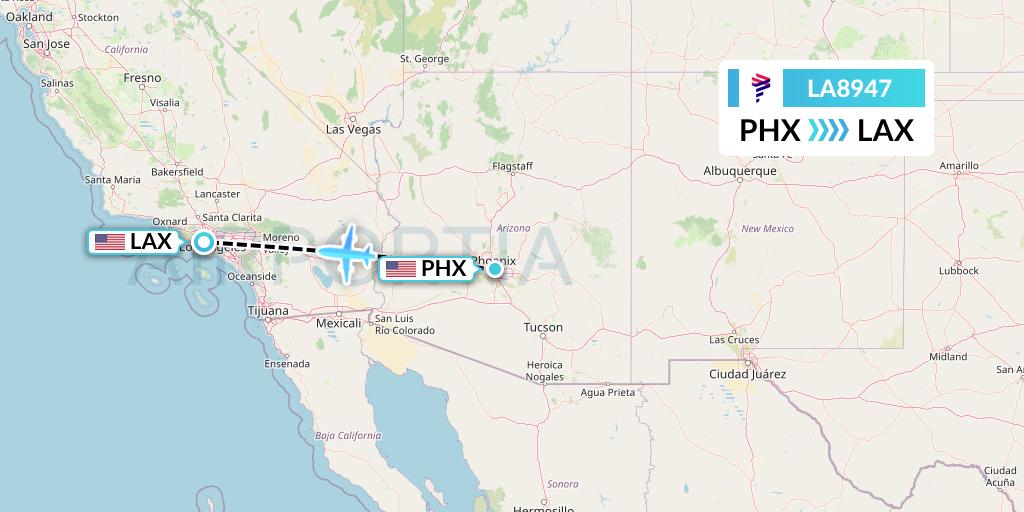 LA8947 LAN Airlines Flight Map: Phoenix to Los Angeles