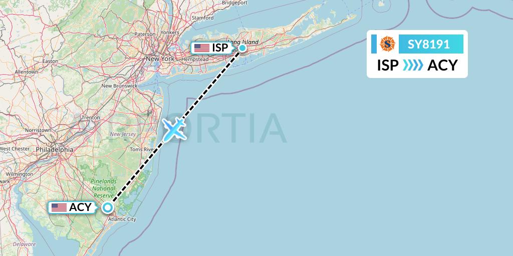 SY8191 Sun Country Airlines Flight Map: Islip to Atlantic City