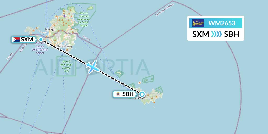 WM2653 Winair Flight Map: Sint Maarten to St. Jean