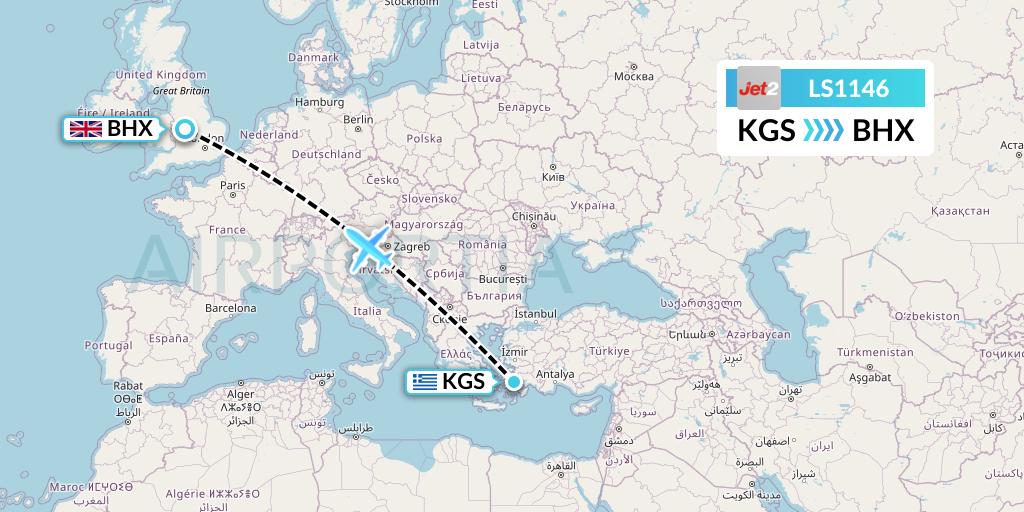 LS1146 Jet2 Flight Map: Kos to Birmingham