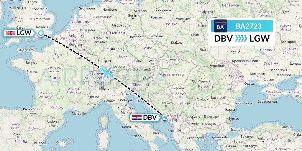 BA2723 British Airways Flight Map: Dubrovnik to London