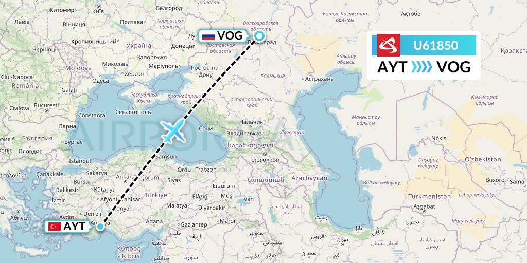 U61850 Ural Airlines Flight Map: Antalya to Volgograd